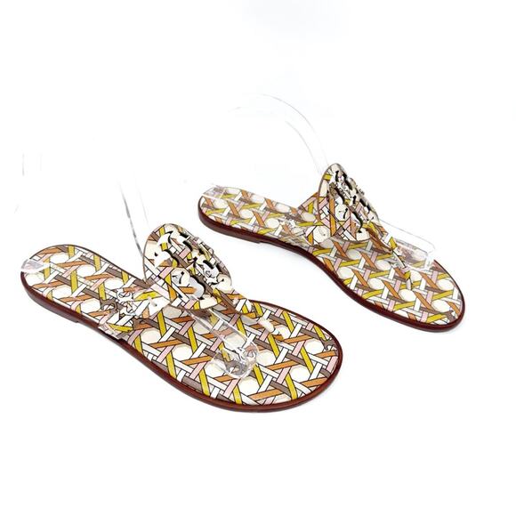 TORY BURCH Welt Pink Yellow Geometric Print Leather Miller Sandal Size 8.5 - Picture 3 of 11